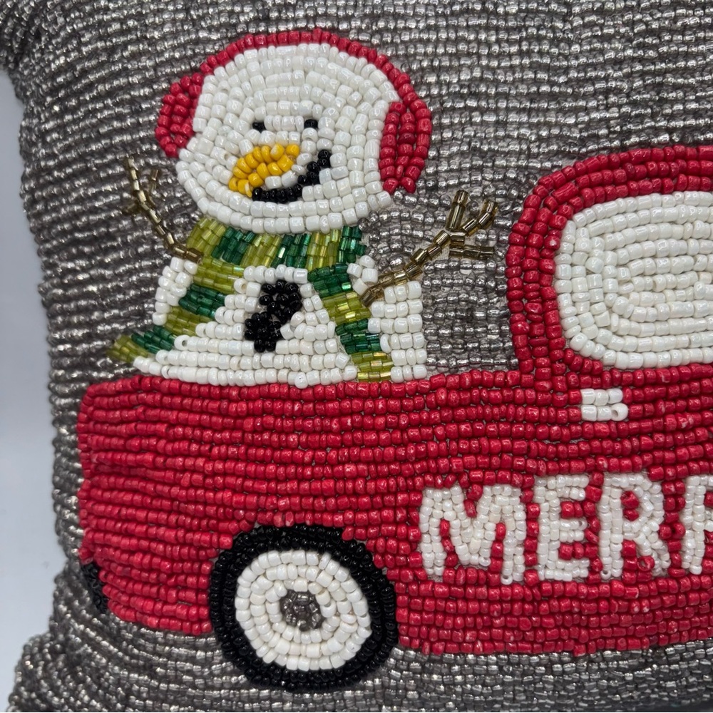 Mi Chateaux Christmas Beaded Truck Snowman Pillow - Picture 4 of 11